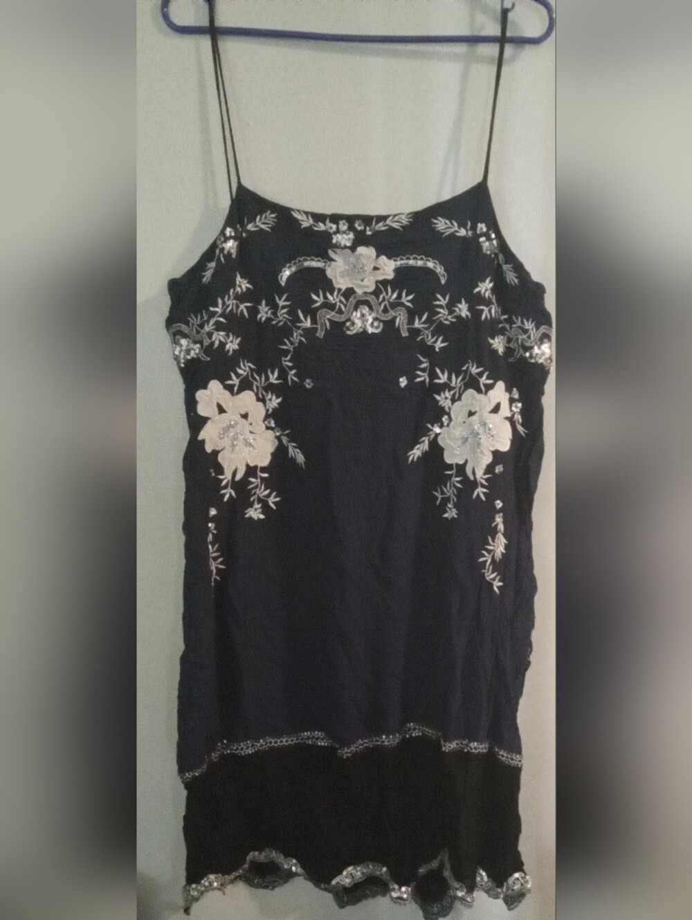 Anthropologie ALLAIRE Black Slip Dress with White Floral Embroidery